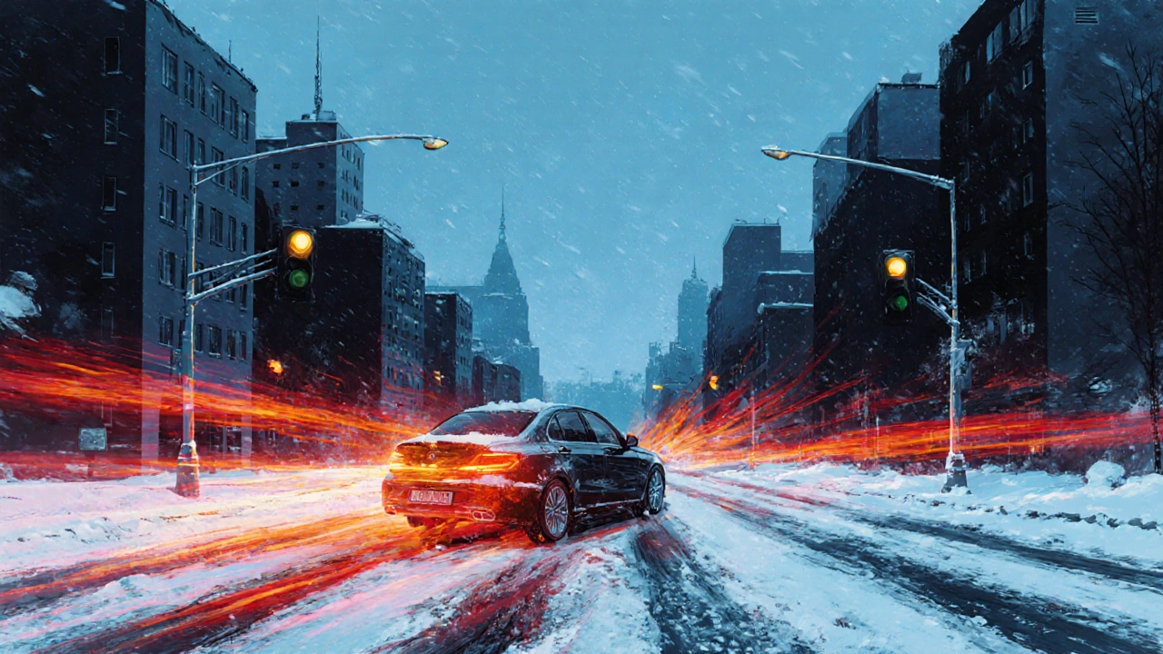 Автомобиль едет по соленой зимней дороге, от тормозов поднимается тепловая волна.