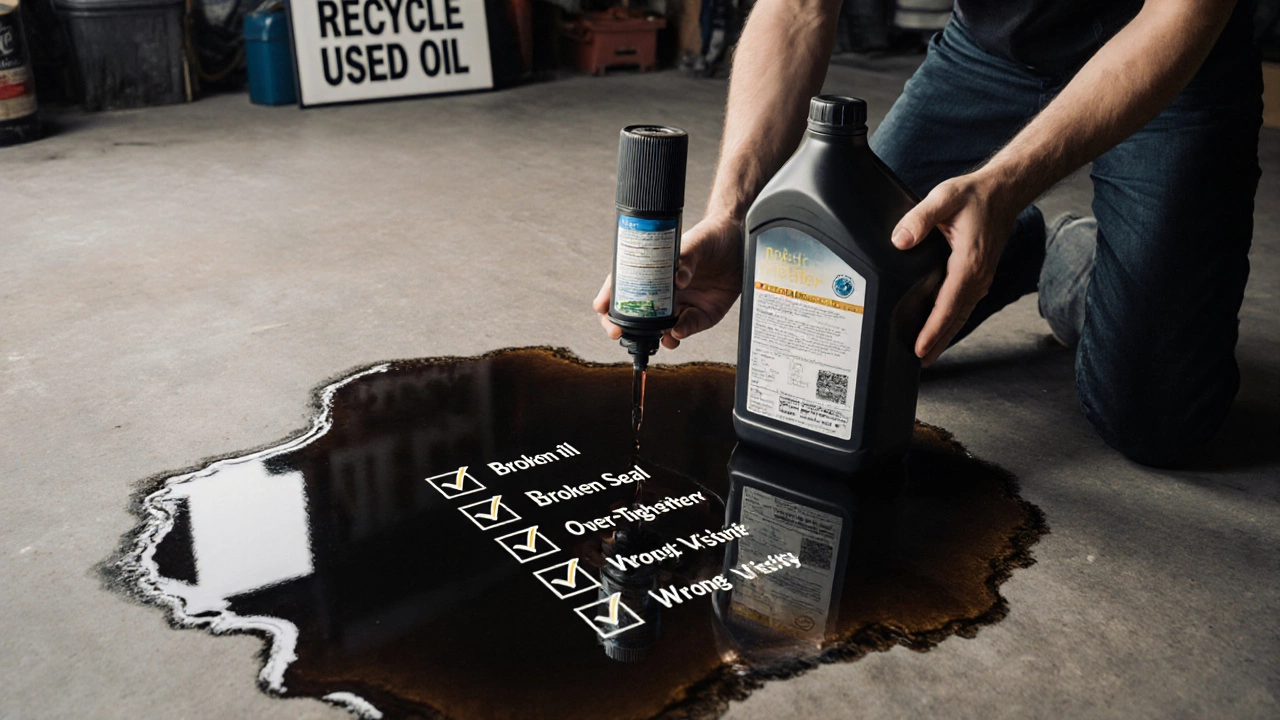 Использованный масляный фильтр и новое масло на фоне пятна отработанного масла.