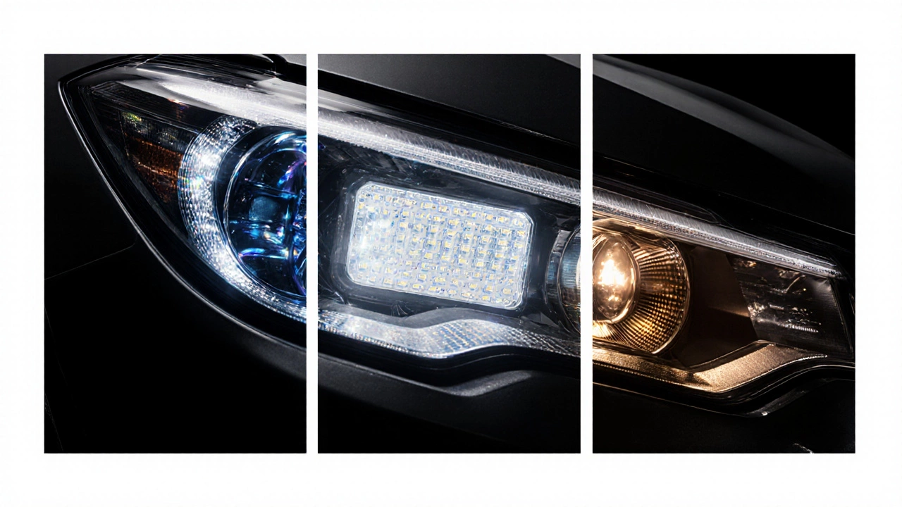 Макросъемка фары: HID, LED и галоген, каждая с характерным светом.