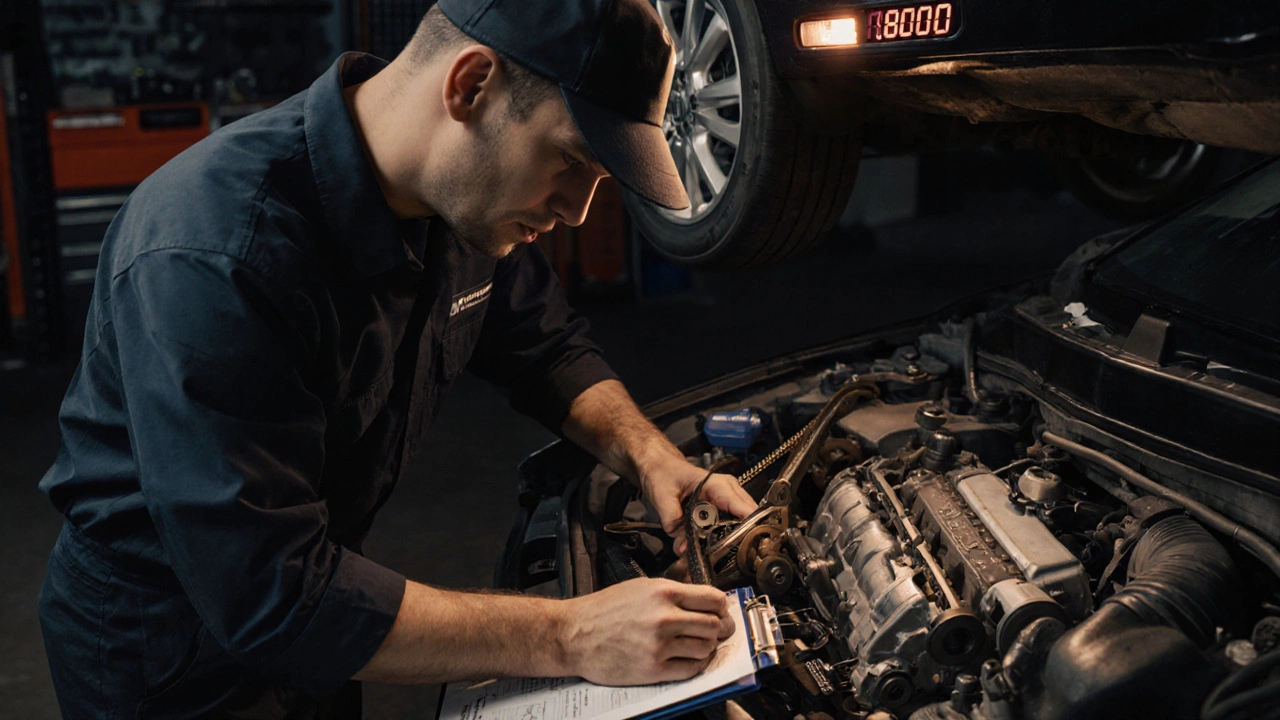 Механик устанавливает новый ремень ГРМ вместе с роликами и водяным насосом в гараже.