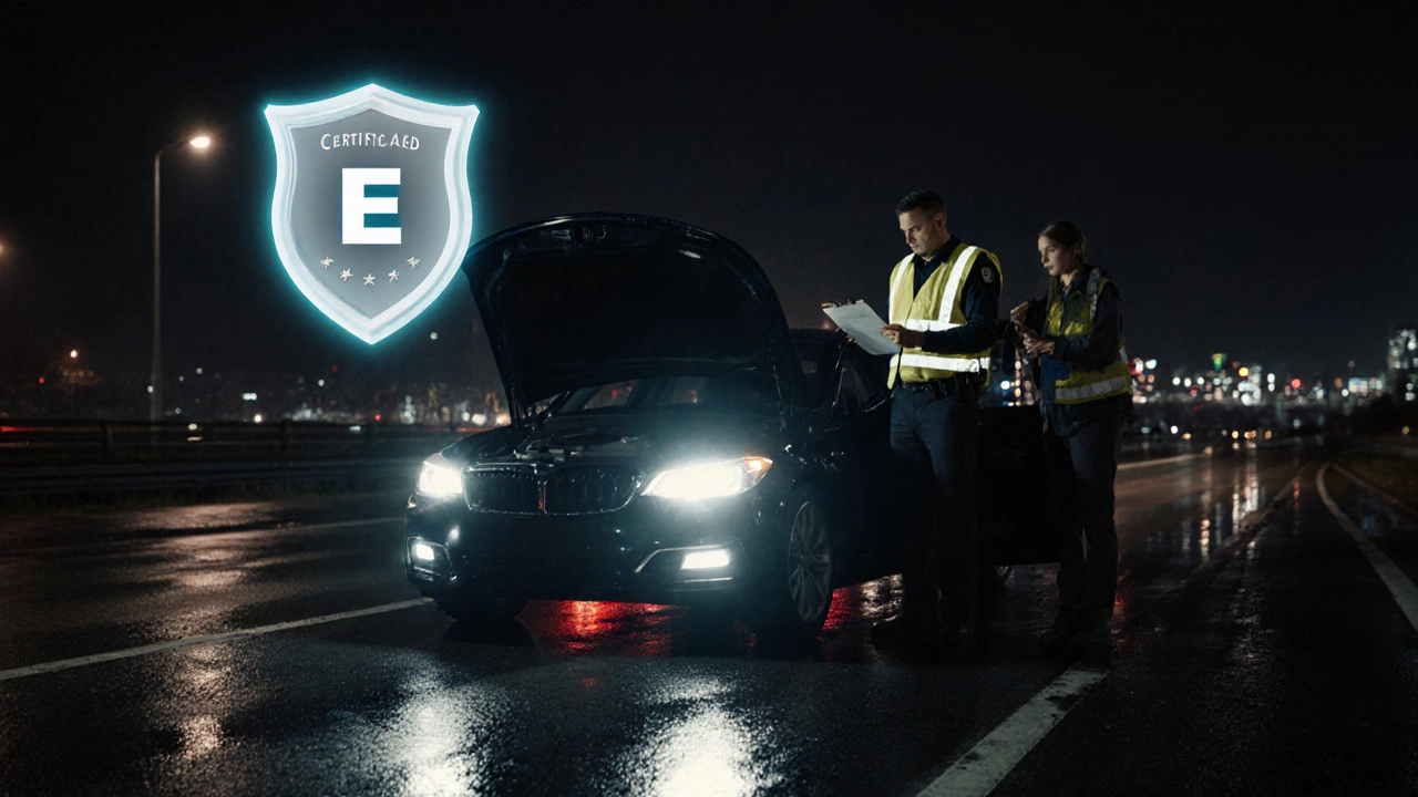 Сцена дорожного контроля: водитель, открытый фары с LED‑лампами и светящийся знак E.