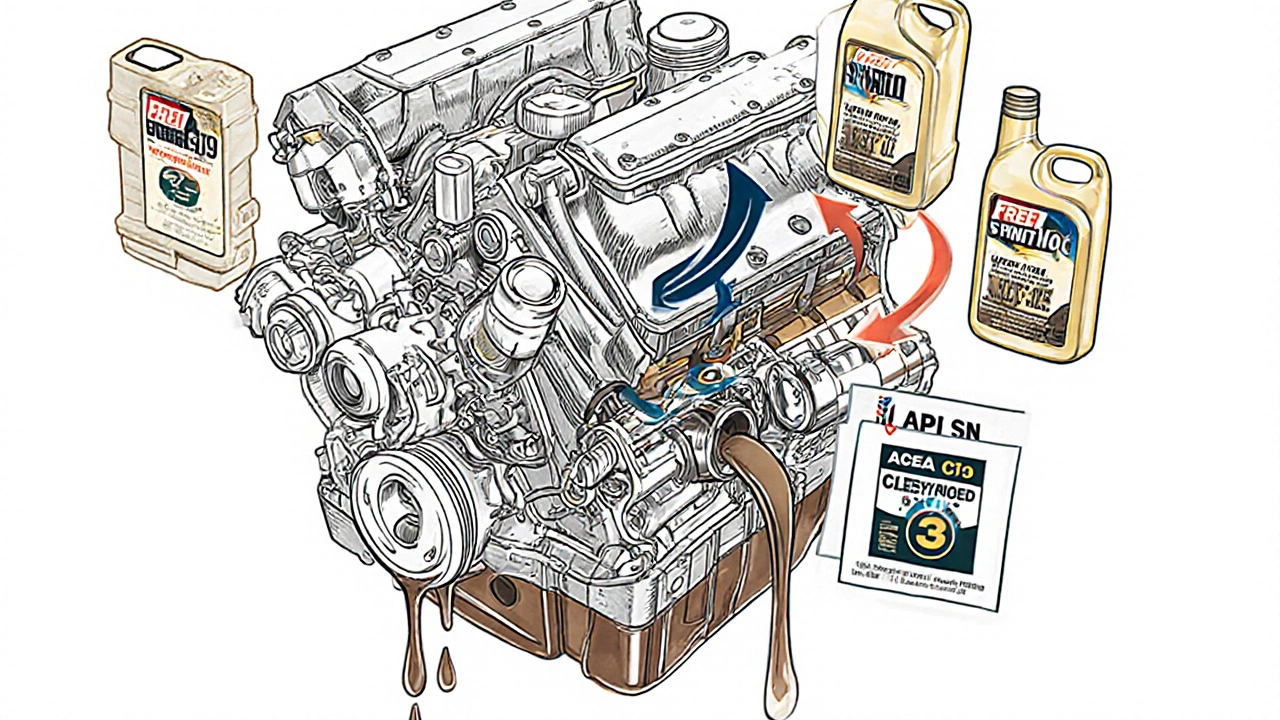 Схема двигателя с потоками свежего масла, защищающего детали от износа.