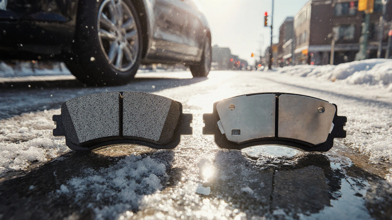 Сравнение новых и изношенных тормозных колодок на соленой дороге под зимним солнцем.