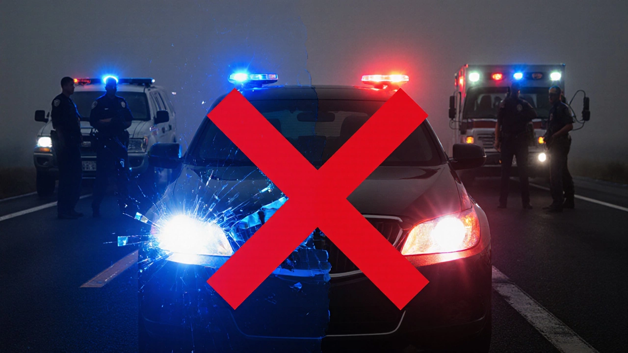 Фары автомобиля меняют цвет с белого на синий и красный, позади силуэты экстренных служб и запрещающий знак.