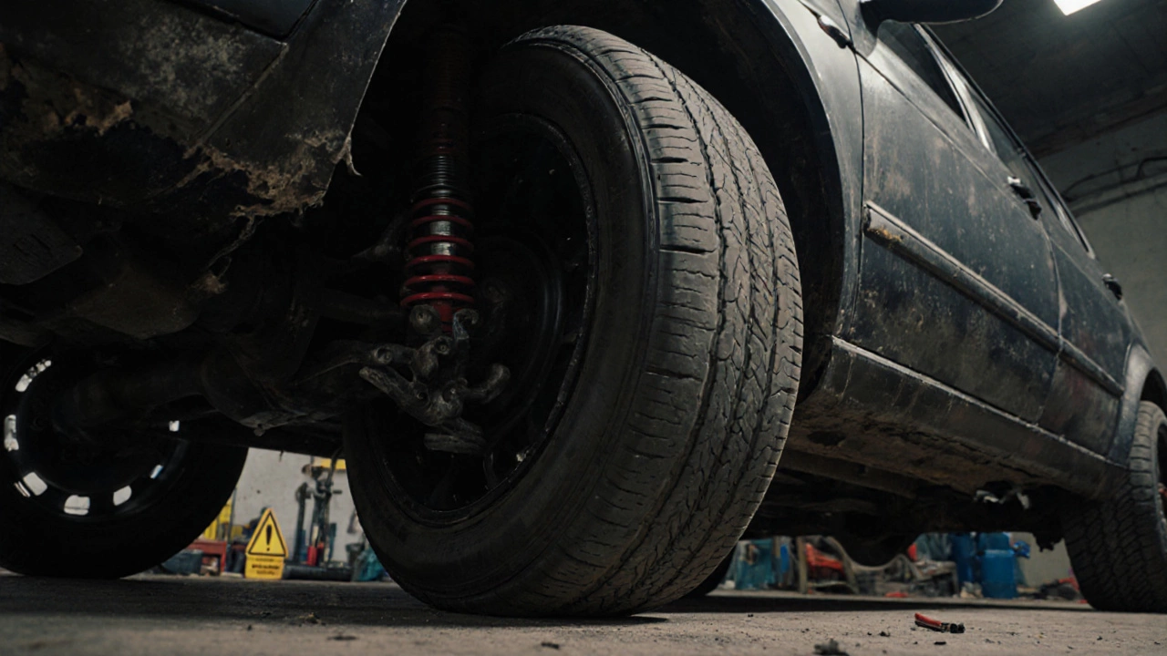 Форд-Гольф с выступающими за арки дисками и проставками, видны повреждения подвески в темной гаражной обстановке.