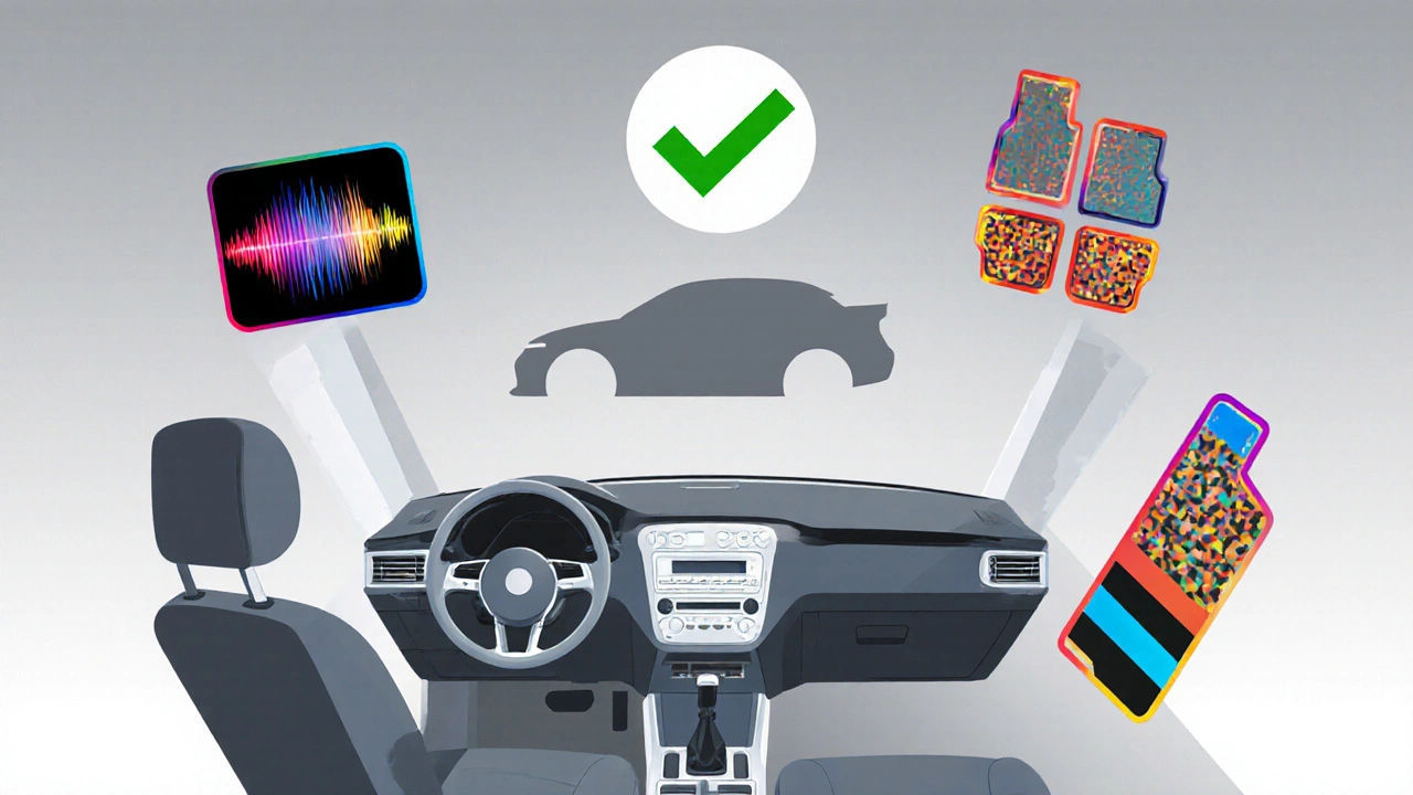 Интерьер автомобиля с легальными салонными изменениями: руль, сиденья и наклейки без внешних модификаций.