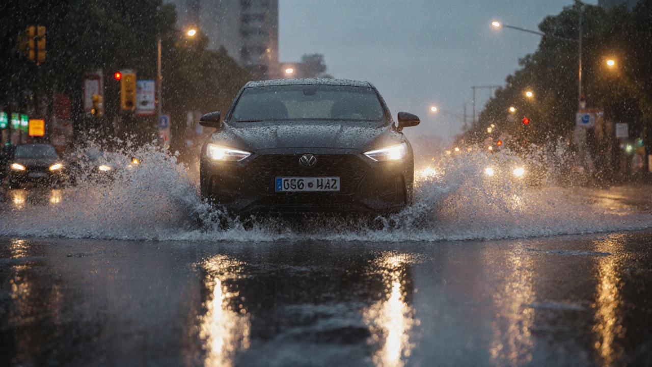 Машина с всесезонными шинами теряет сцепление на мокром асфальте во время летнего ливня в Нижнем Новгороде.