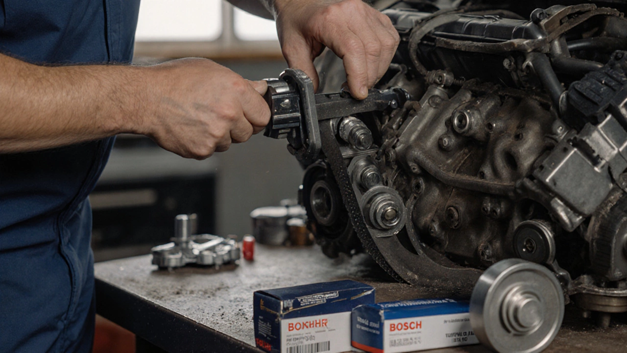 Механик устанавливает новый ремень ГРМ с точной синхронизацией