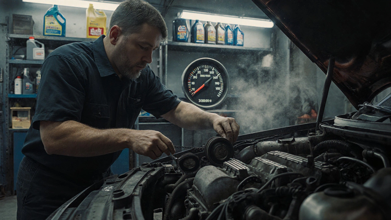 Механик заменяет ремень ГРМ на двигателе с пробегом 320 000 км в автосервисе.