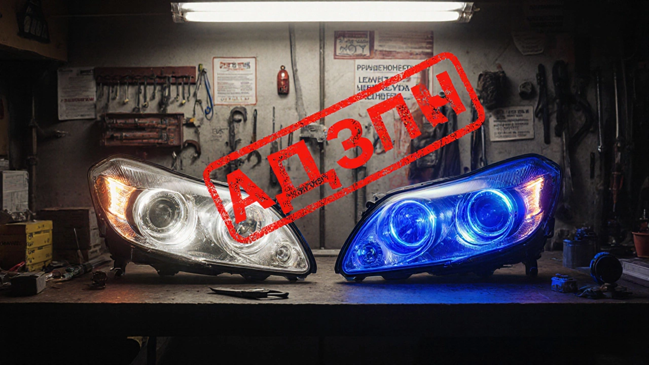 На столе две пары фар: белые — легальные, синие — запрещённые, рядом этикетки и инструменты.