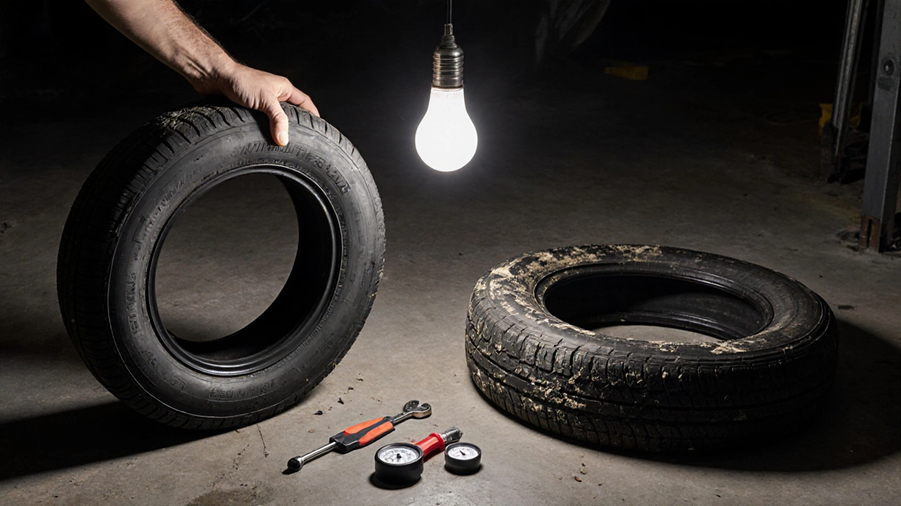 Новая шина 2024 года рядом со старой 2021 года на гаражном полу, подчеркивающая выбор безопасности.