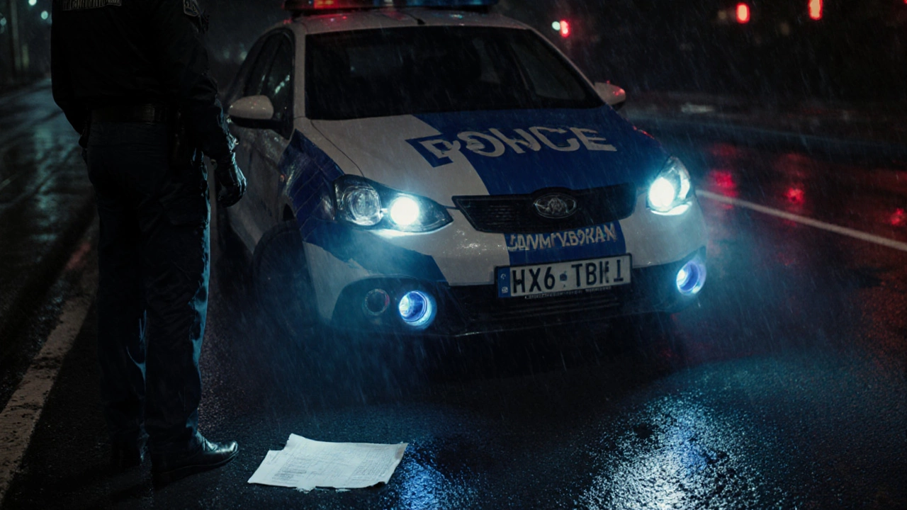 Полицейский останавливает автомобиль с незаконной окраской под спецслужбы и запрещёнными фарами.