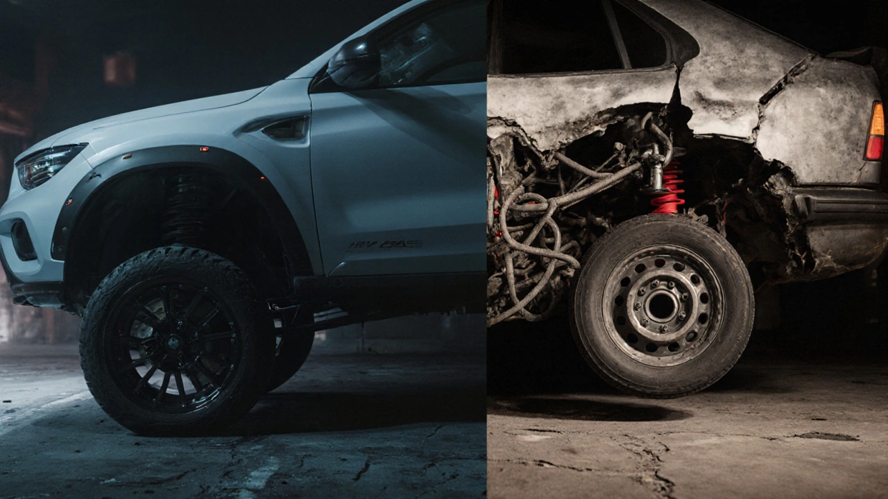 Разделённая машина: одна половина — легальный тюнинг, другая — разрушенная подвеска, символизирующая риск неправильного модифицирования.