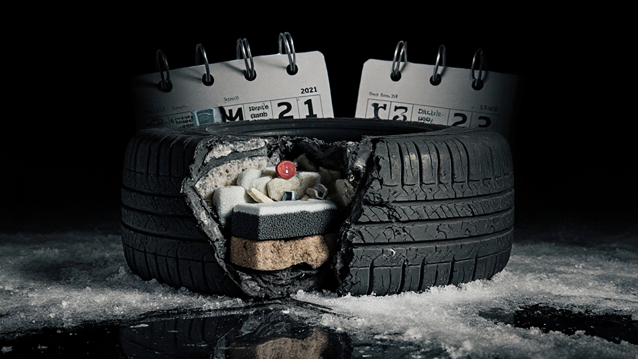 Разорванная шина, раскрытая как бомба, с разлагающимися внутренними слоями на ледяной дороге.