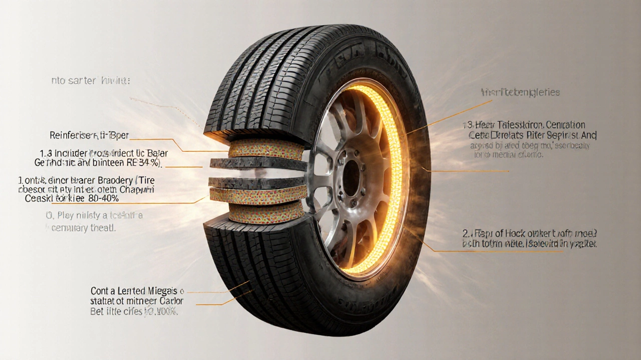 Разрез шины с высоким содержанием силики, показывающий улучшенную структуру резины