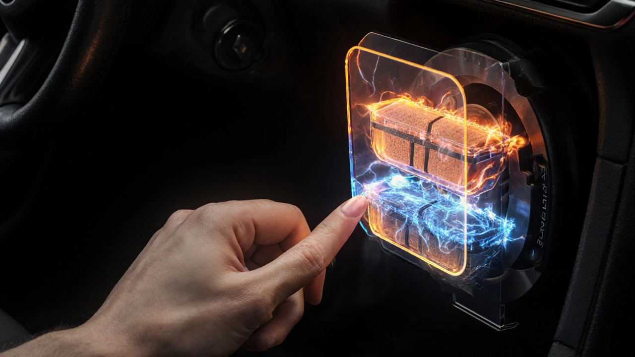 Рука водителя на тормозной педали с прозрачными слоями, показывающими разную тепловую реакцию колодок.