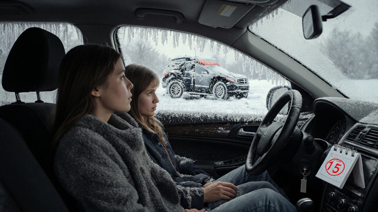 Семья в машине смотрит на аварию на льду, зимние шины лежат в багажнике.