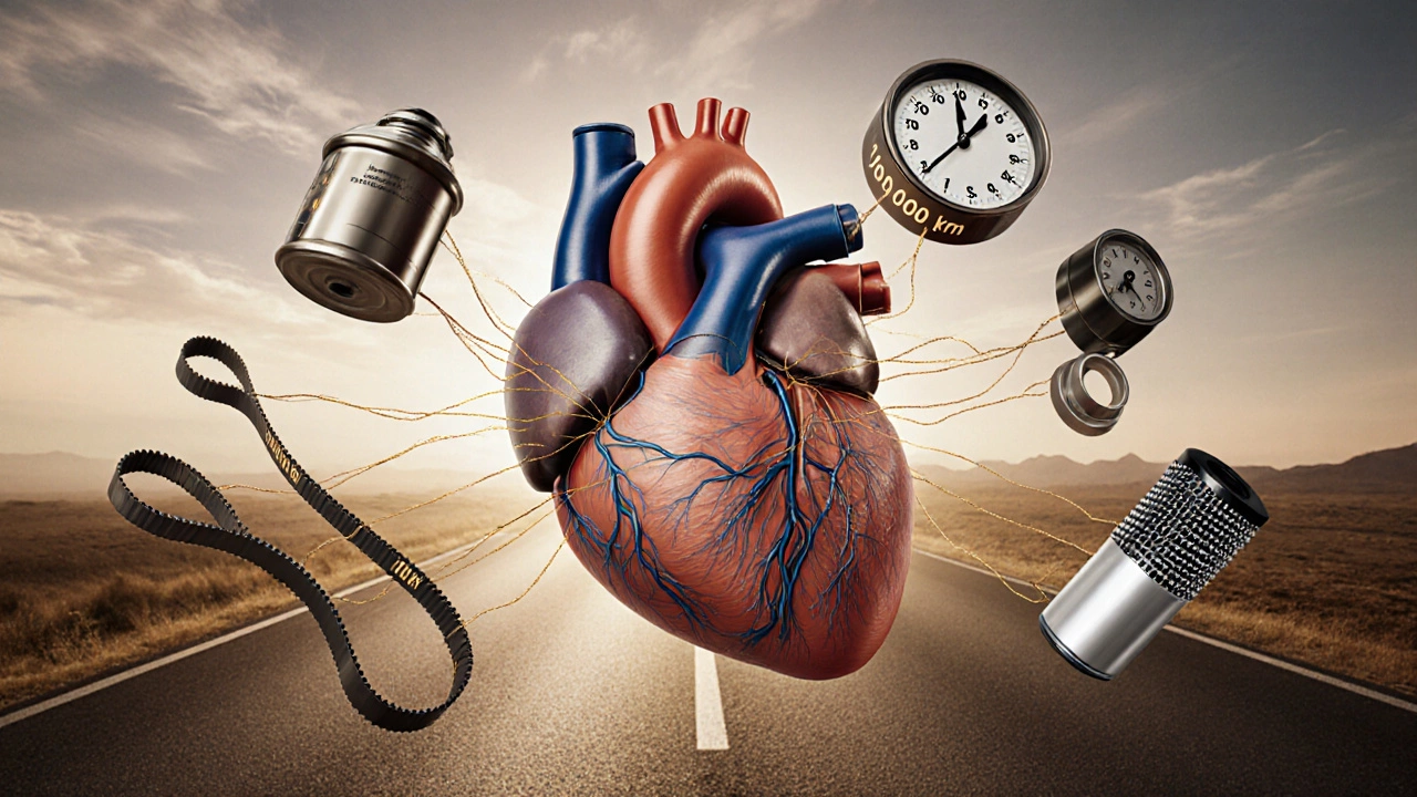 Сердце в виде двигателя, связанное с маслом, фильтрами и пробегом — символ долгой службы.