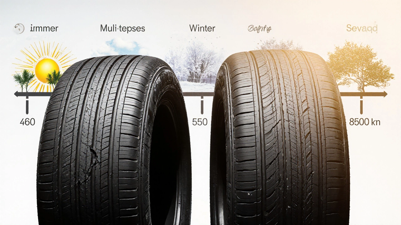 Сравнение изношенной и долговечной шины на фоне смены сезонов