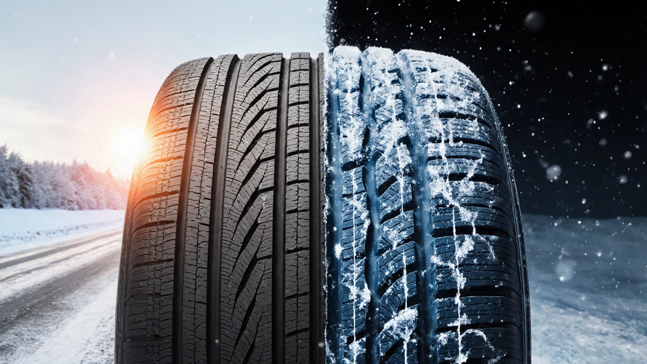 Сравнение зимней и всесезонной шины: гибкая резина против треснувшей на морозе.