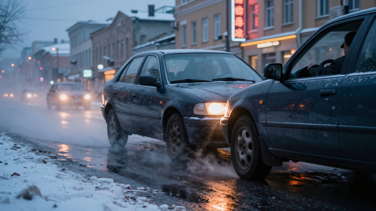 Автомобиль тормозит на заснеженной городской улице, тормозная пыль поднимается в воздухе