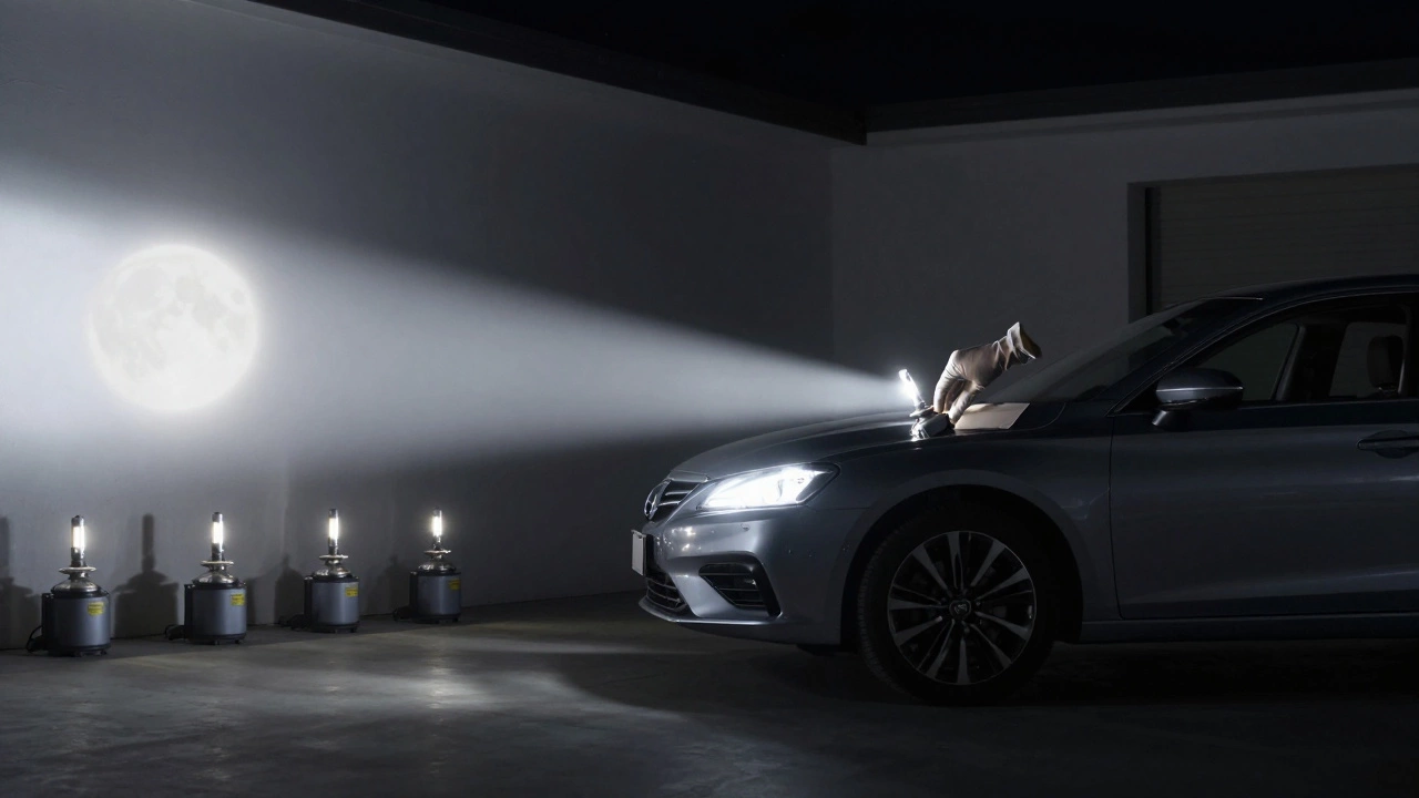 Фары автомобиля проецируют четкий горизонтальный световой пучок на стену при правильной установке лампы.
