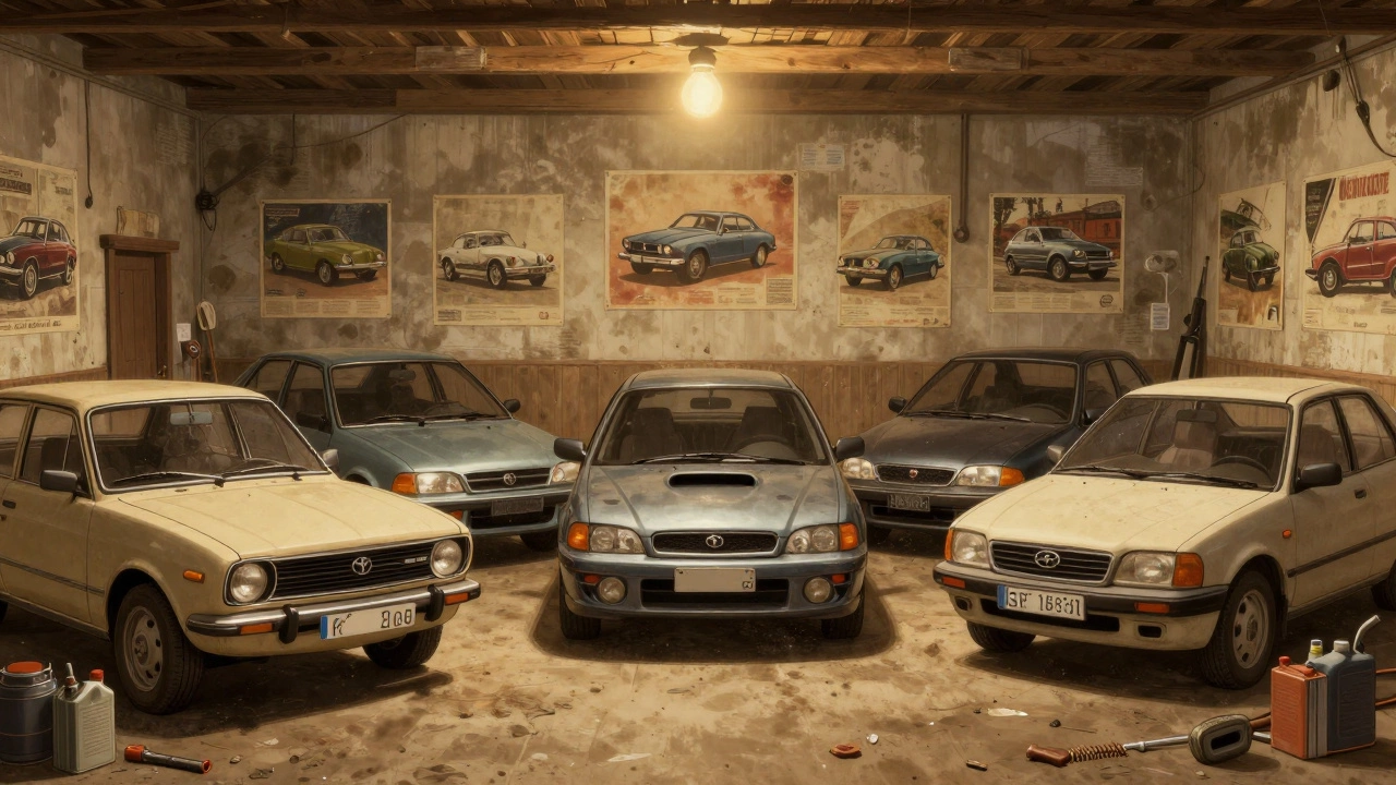Five reliable cars parked in a rustic Russian garage, all well-maintained and age-worn but functional.