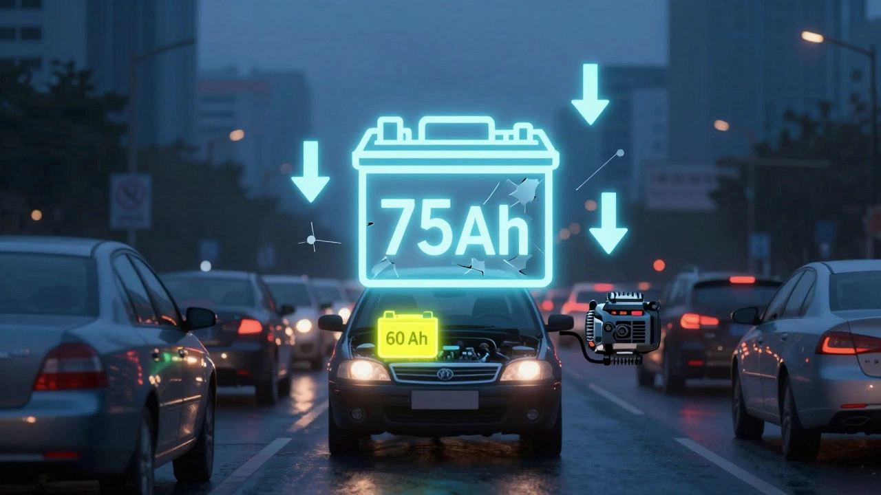 Концептуальное изображение большого аккумулятора, который не заряжается в городском потоке, с символами недозаряда.