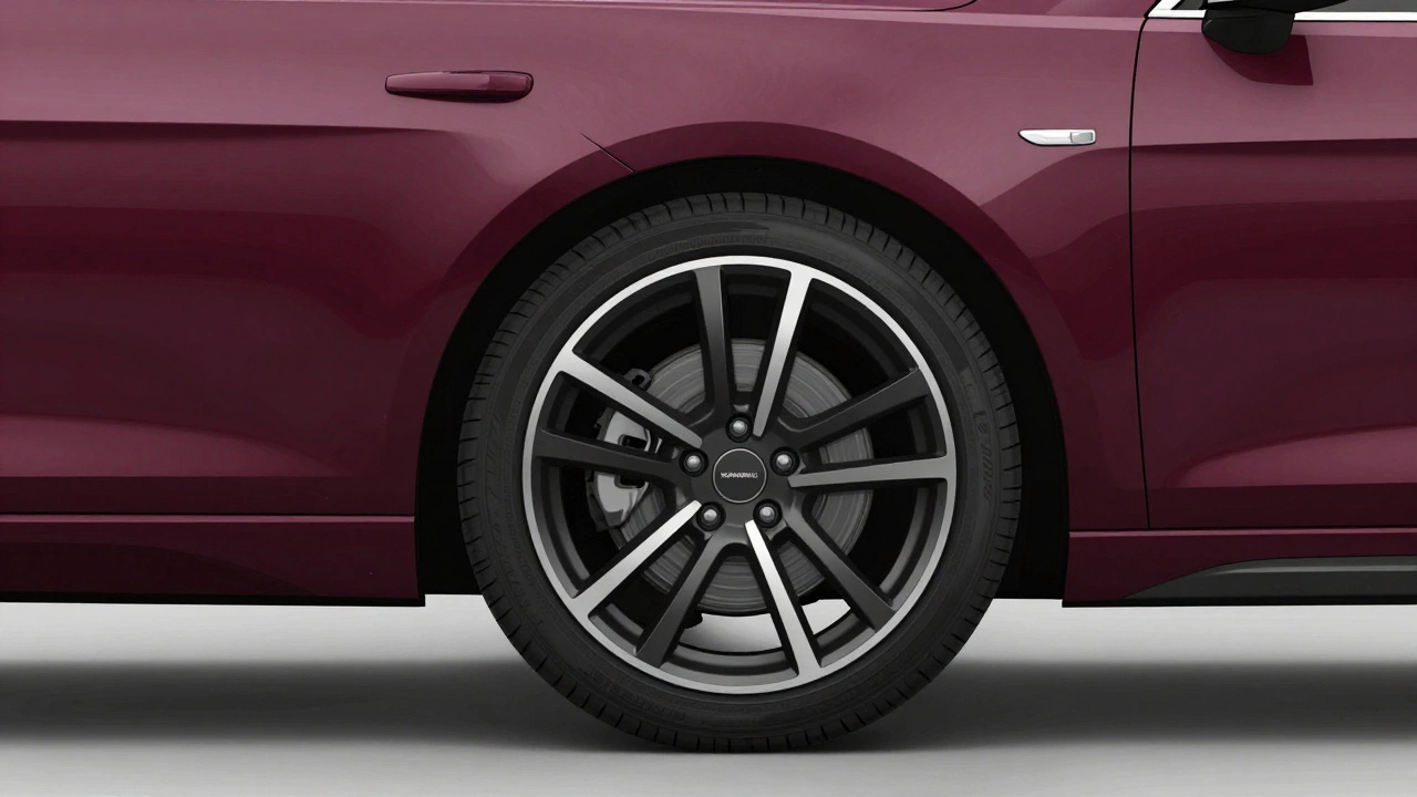 Лада Веста с 17-дюймовыми дисками, чьи спицы повторяют форму кузова, в бордовом цвете при мягком дневном свете.