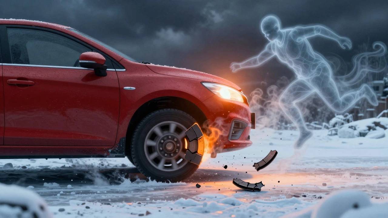 Машина уходит в сторону при торможении на снегу, видны повреждённые тормоза