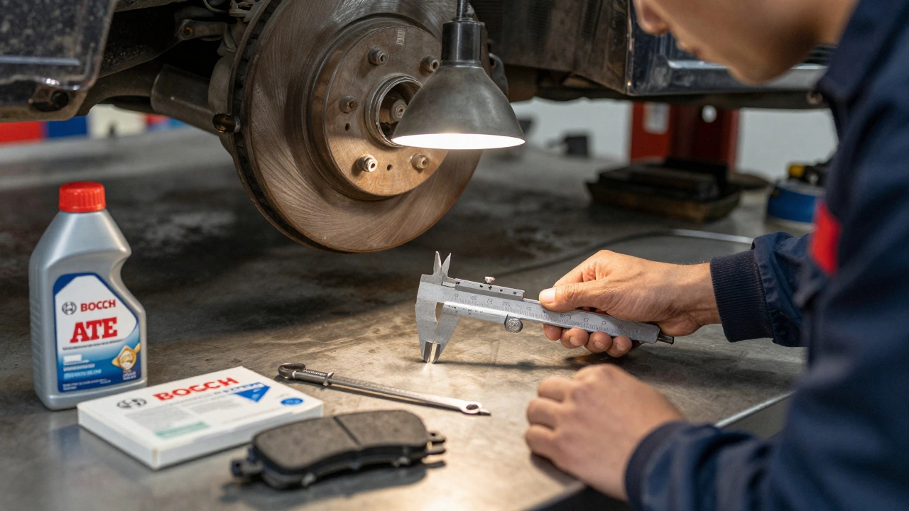 Механик измеряет толщину тормозных колодок с помощью штангенциркуля в гараже