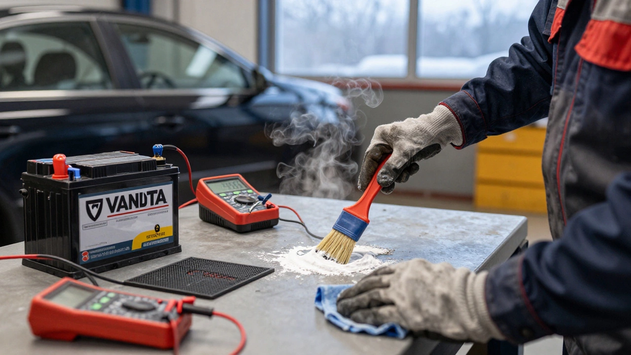 Механик очищает клеммы аккумулятора пастой из соды, на столе — зарядное устройство и новый аккумулятор.