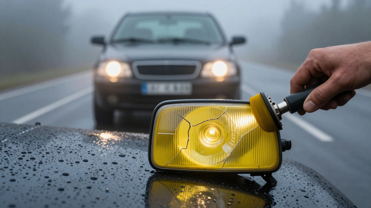 Механик полирует мутную фару, дождевые капли стекают по чистому стеклу, свет фар ярко освещает мокрую дорогу.