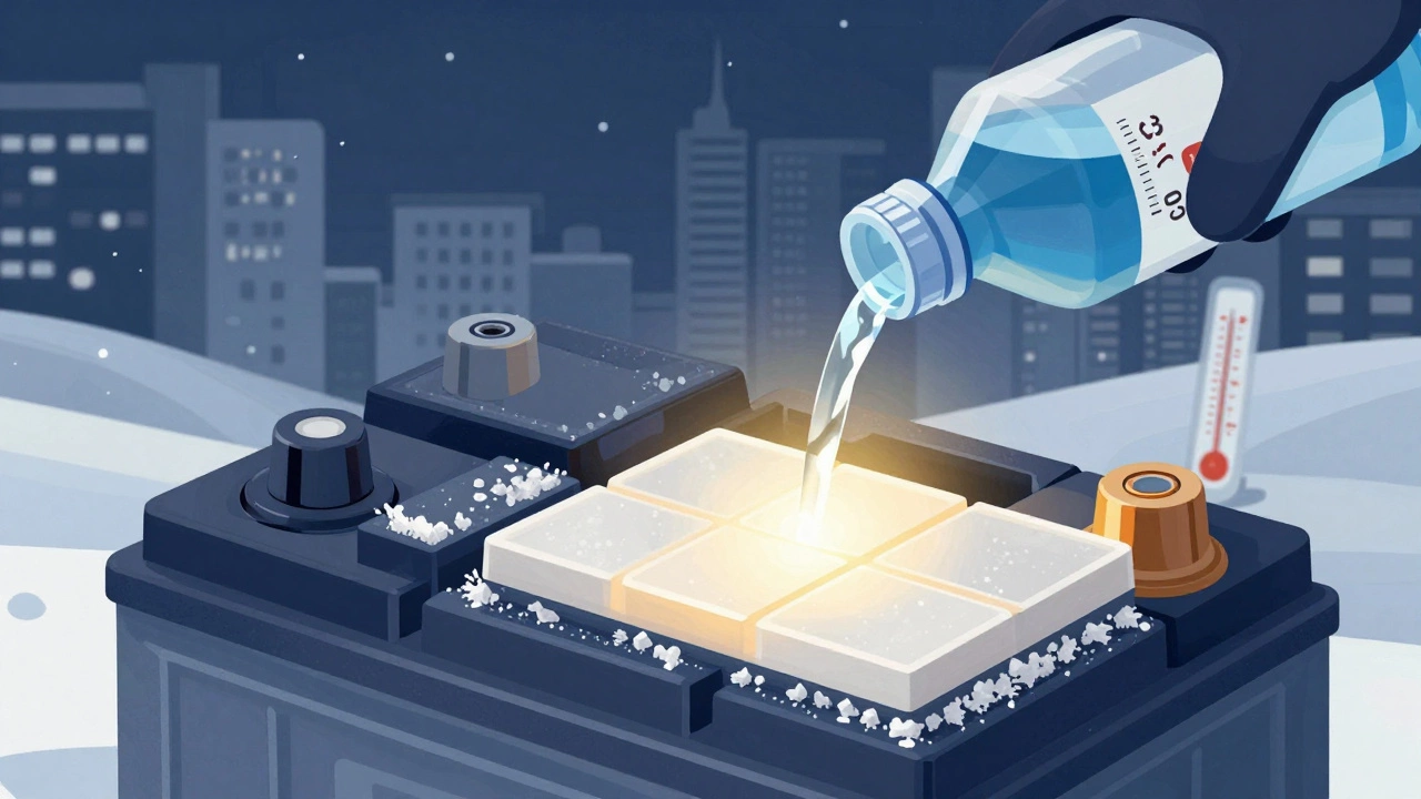 Разрез аккумулятора: здоровые пластины и налёт сульфата, рука доливает дистиллированную воду.