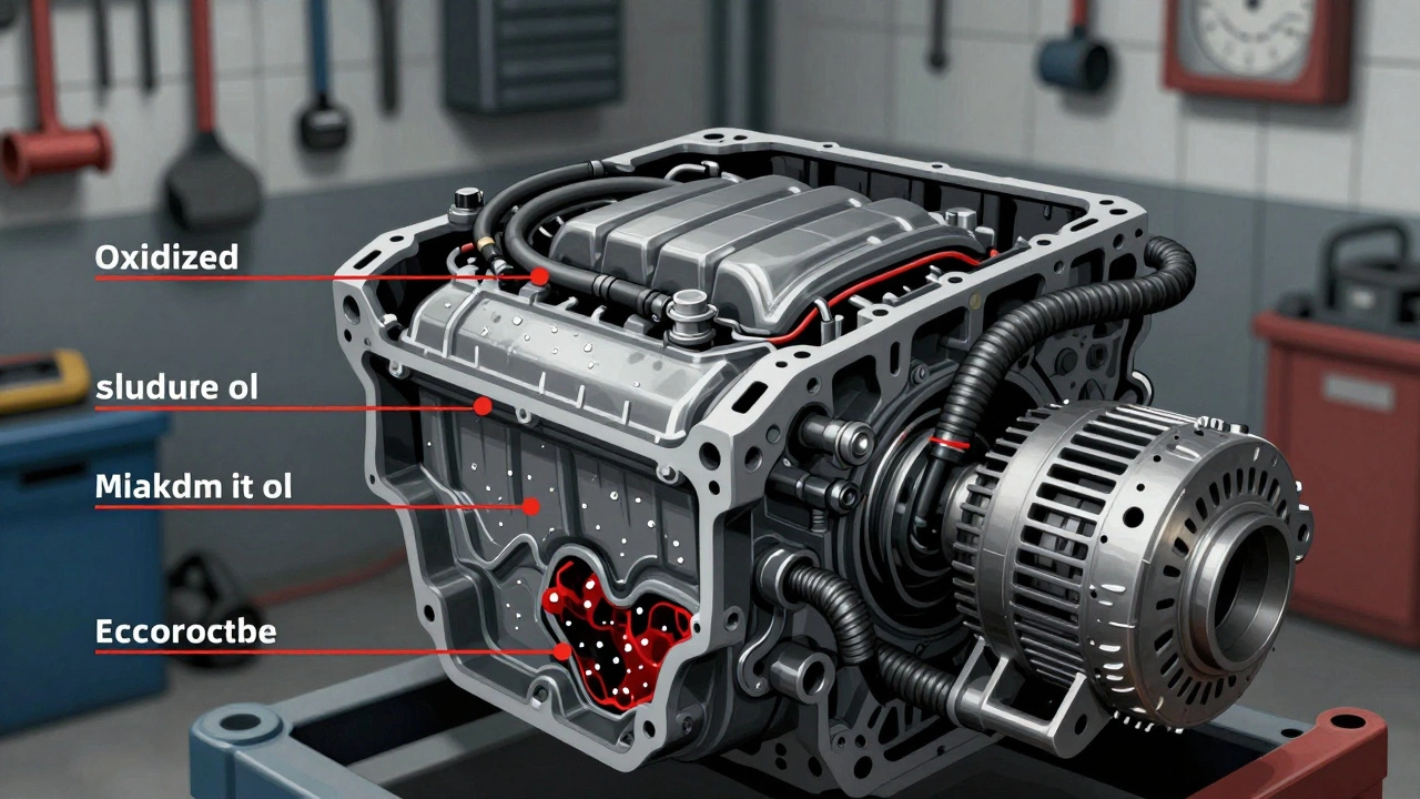 Разрез двигателя с признаками окисления топлива, грязного масла и влаги внутри системы.