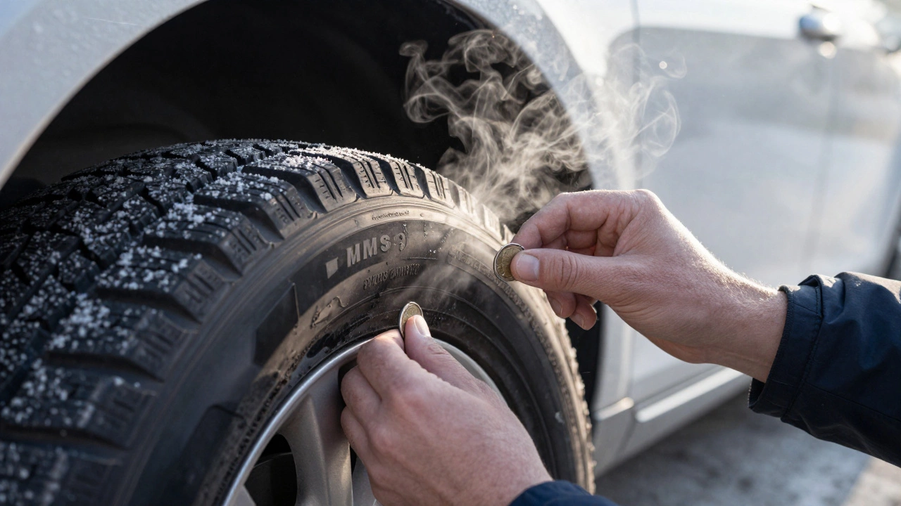 Рука проверяет глубину протектора зимней шины на морозе, видны трещины и маркировка.