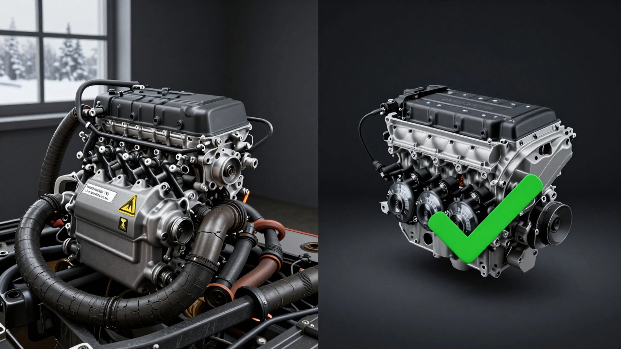 Split-screen: complex faulty engine vs. simple reliable engine with 300,000 km odometer.
