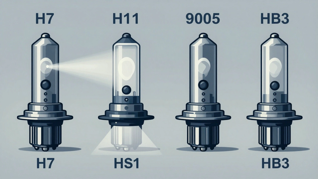 Сравнение типов автомобильных ламп: H7, H11, 9005, HB3 с обозначениями и схемами светового пучка.