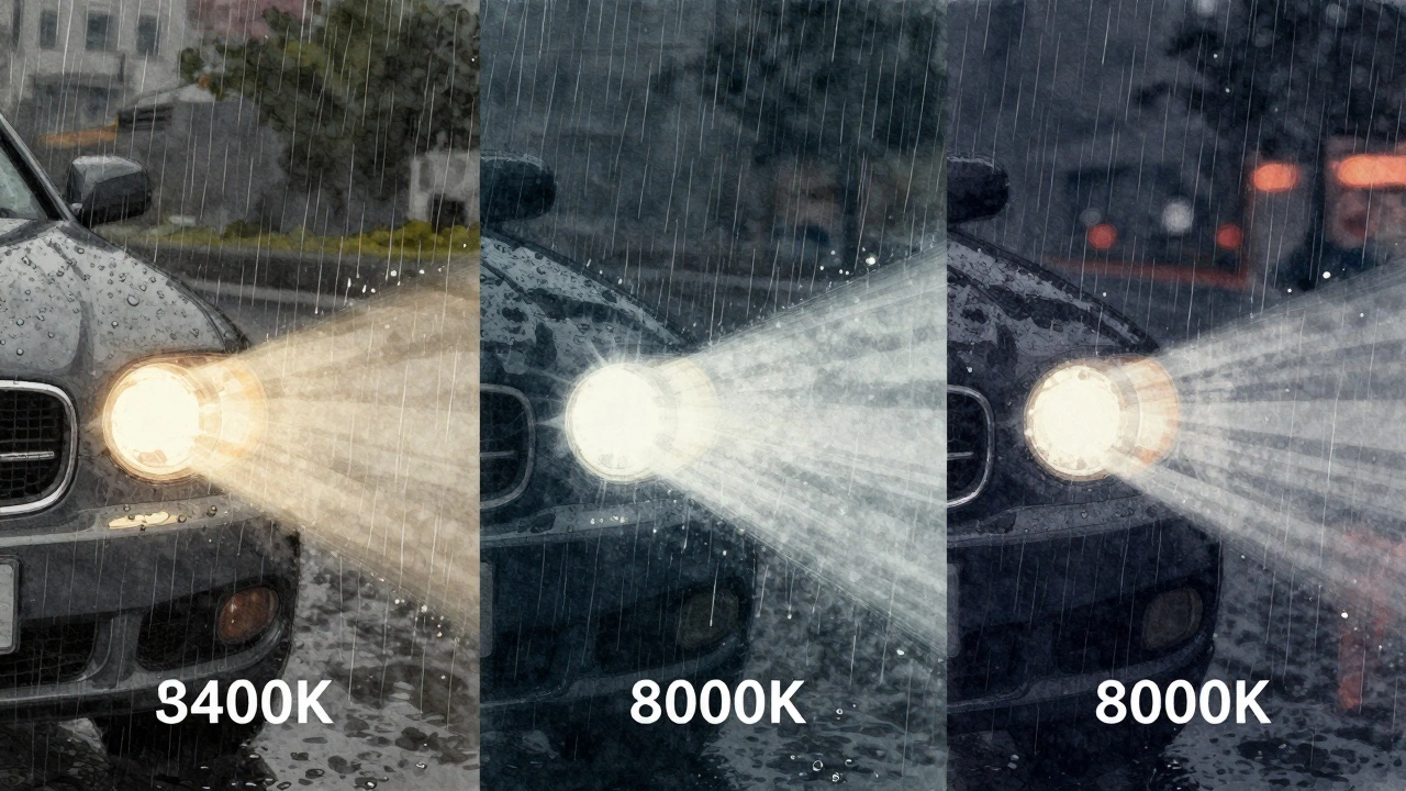 Сравнение трёх типов света в дожде: тёплый галоген, холодный ксенон и неравномерный светодиодный свет.