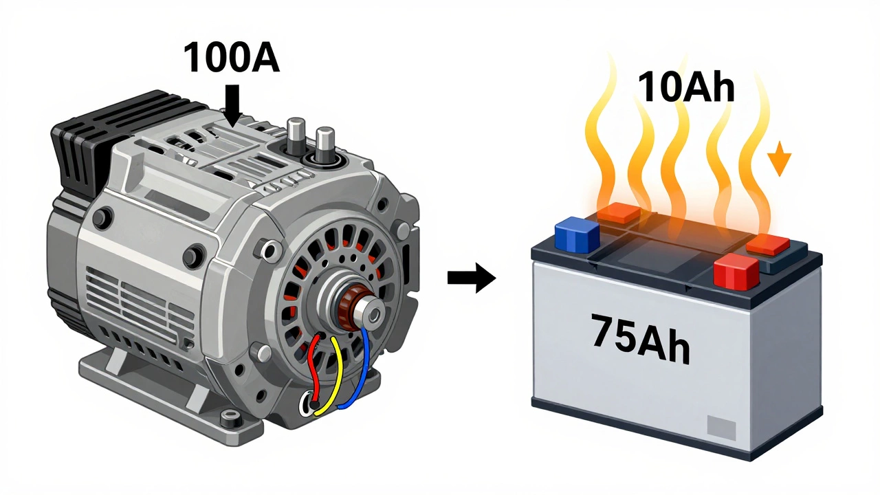 Техническая схема электросистемы автомобиля, показывающая неравномерный заряд большого аккумулятора генератором.