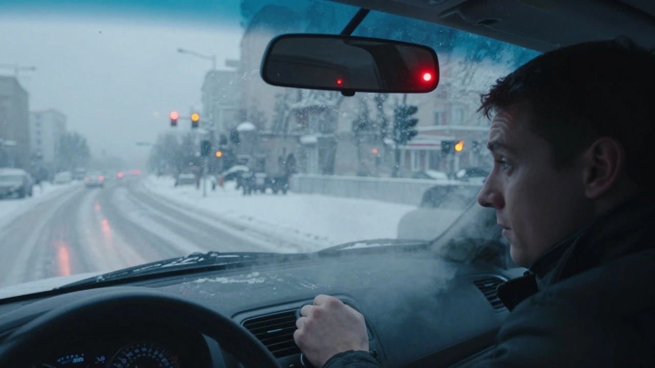 Водитель нажимает на проваливающуюся тормозную педаль в зимнем городе