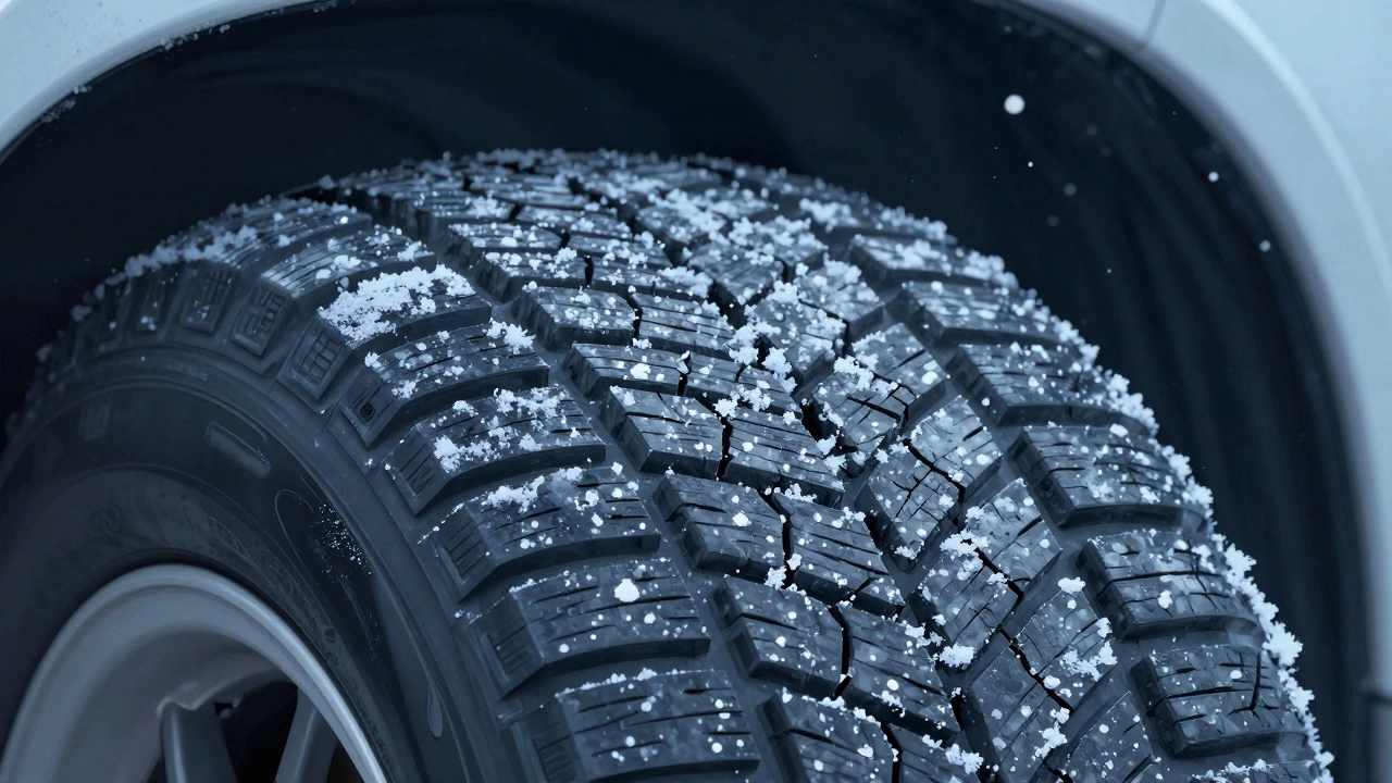 Детализированный снимок хрупкой резины всесезонной шины на морозе, трещины на поверхности.