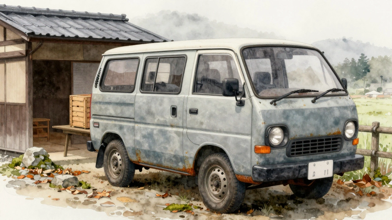 Древний Daihatsu Hijet с масляным покрытием кузова и изношенными шинами у чайного домика в Японии.