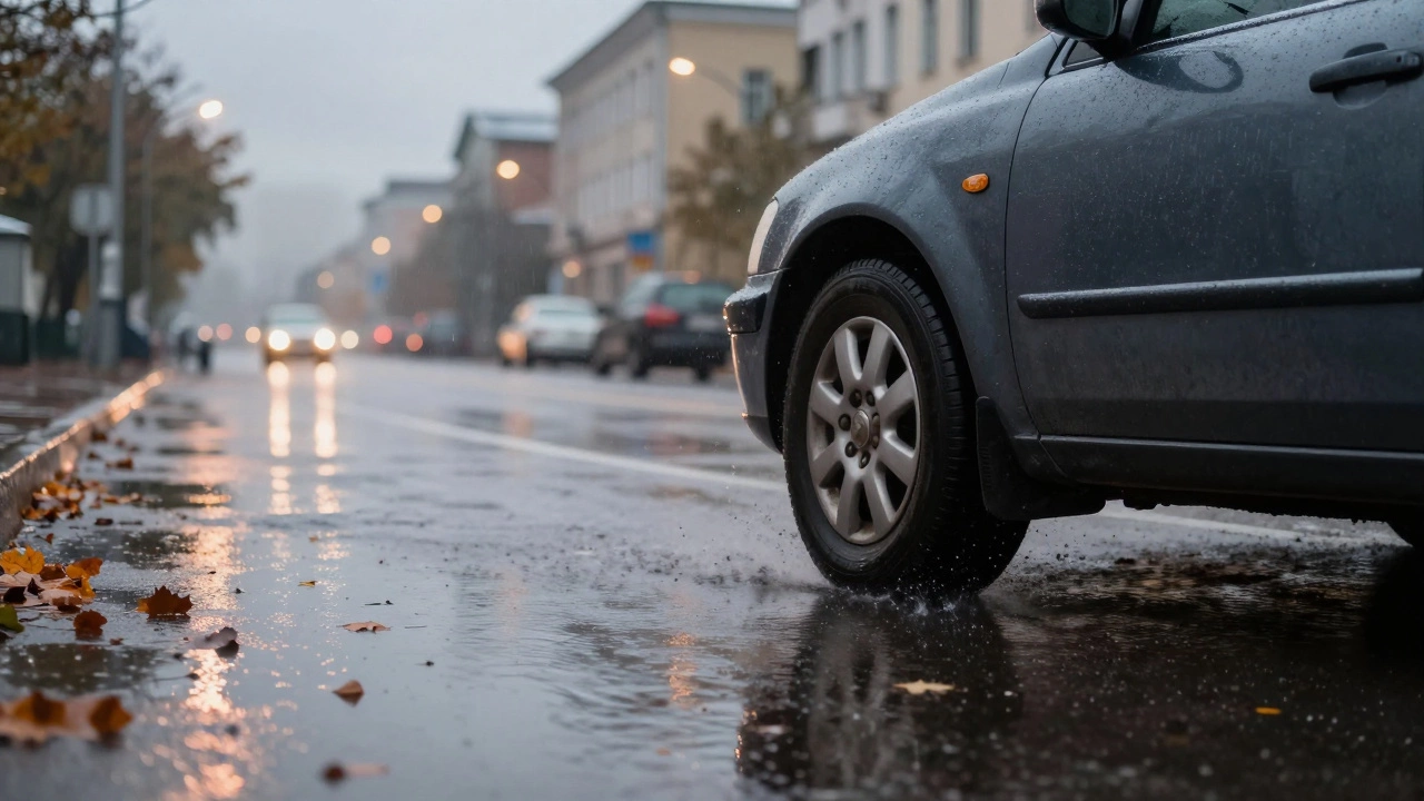 Машина скользит на мокром асфальте под дождем, вода брызгает из-под колес.