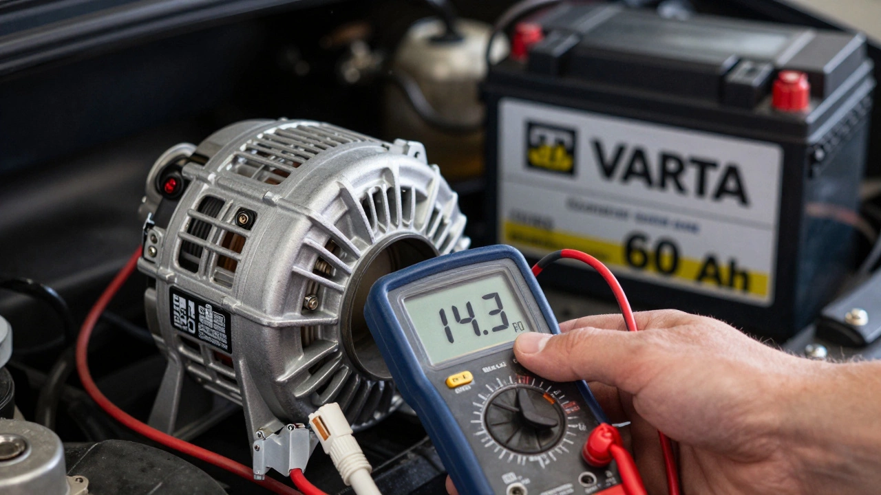 Мультиметр показывает 14,2 В на клеммах аккумулятора 60 А·ч с маркировкой генератора 80 А