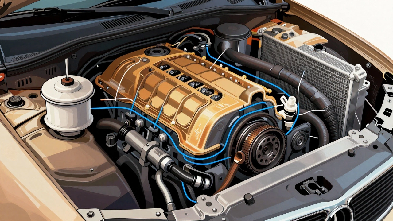 Разрез двигателя с потоками масла и охлаждающей жидкости, показывающий правильную циркуляцию.