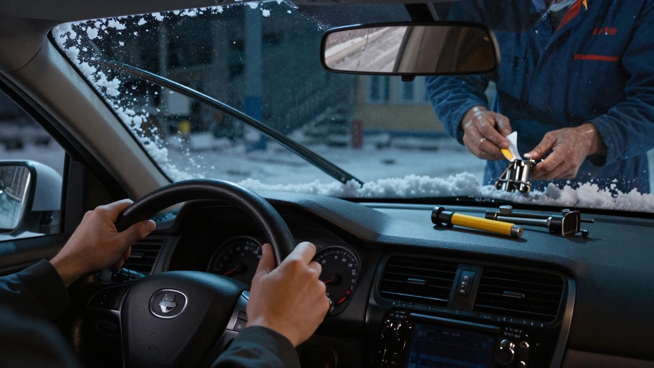 Руки механика наносят термостойкую смазку на тормозной суппорт, в салоне автомобиля зимой, тихий и аккуратный процесс обслуживания.