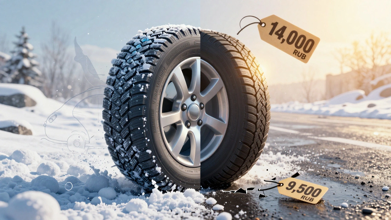 Шина, разделённая на зимнюю и летнюю стороны: одна цепляется за лёд, другая скользит по мокрой дороге.