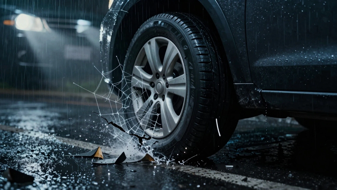 Шина разрывается на мокрой дороге ночью, внутренние слои разрушены.