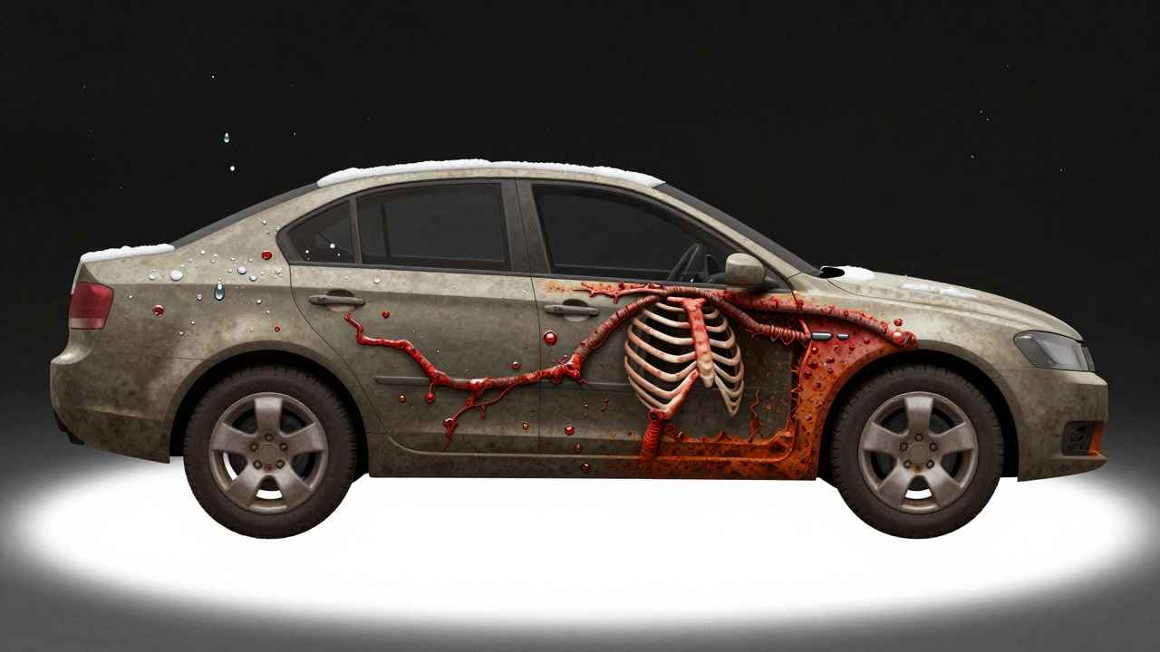Скелет автомобиля, где ржавчина изображена как болезнь, распространяющаяся по металлическим ребрам.